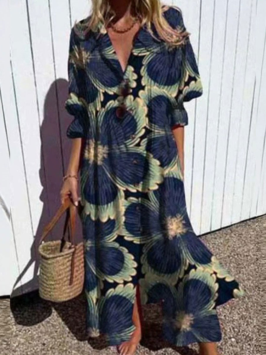 Women's Floral Art Print Pleated Casual Dress