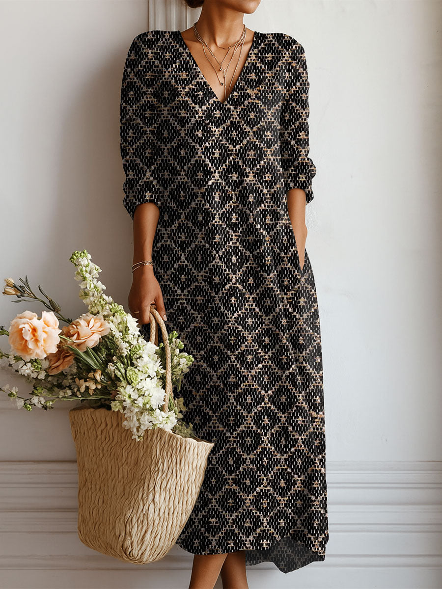 Women's Vintage Pattern Art Print Linen Pocket Dress