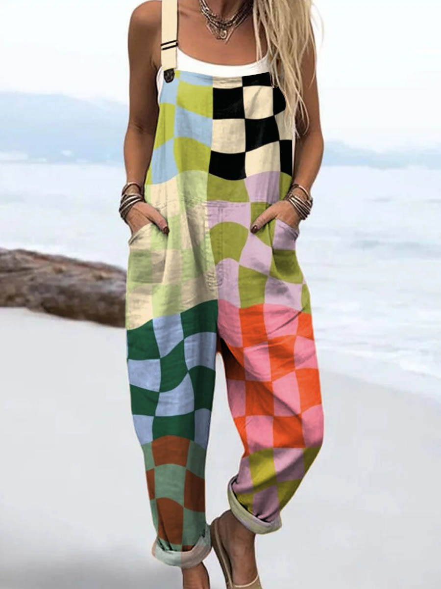 Women's Abstract Geometric Pattern Art Print Casual 100% Cotton Wide Leg Jumpsuit