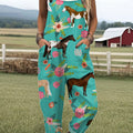 Women's  Funny  Farm Horse Flower Art Print Casual 100% Cotton Wide Leg Jumpsuit