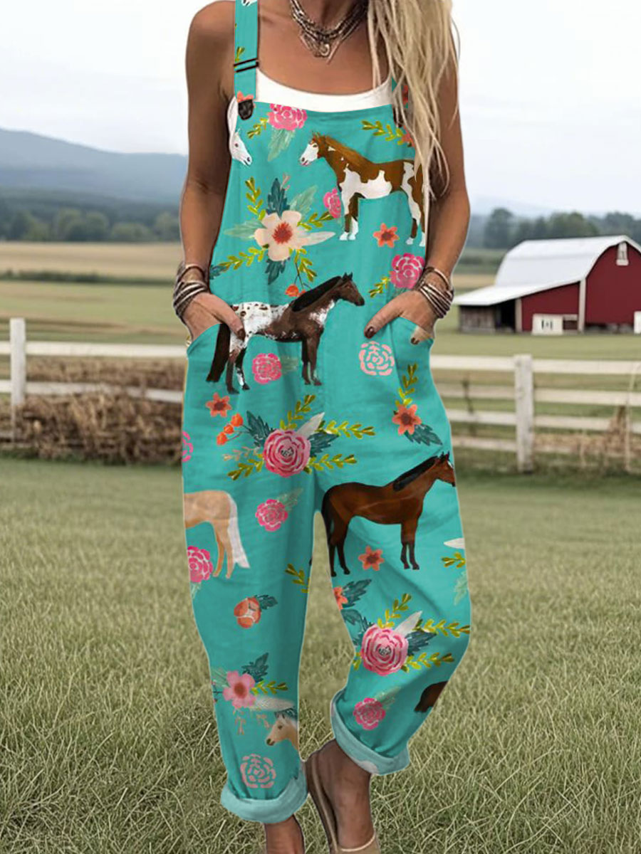 Women's  Funny  Farm Horse Flower Art Print Casual 100% Cotton Wide Leg Jumpsuit