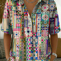 Women's Vintage Botanical Floral Casual Polo Collar Short-sleeved Linen And Cotton Shirt