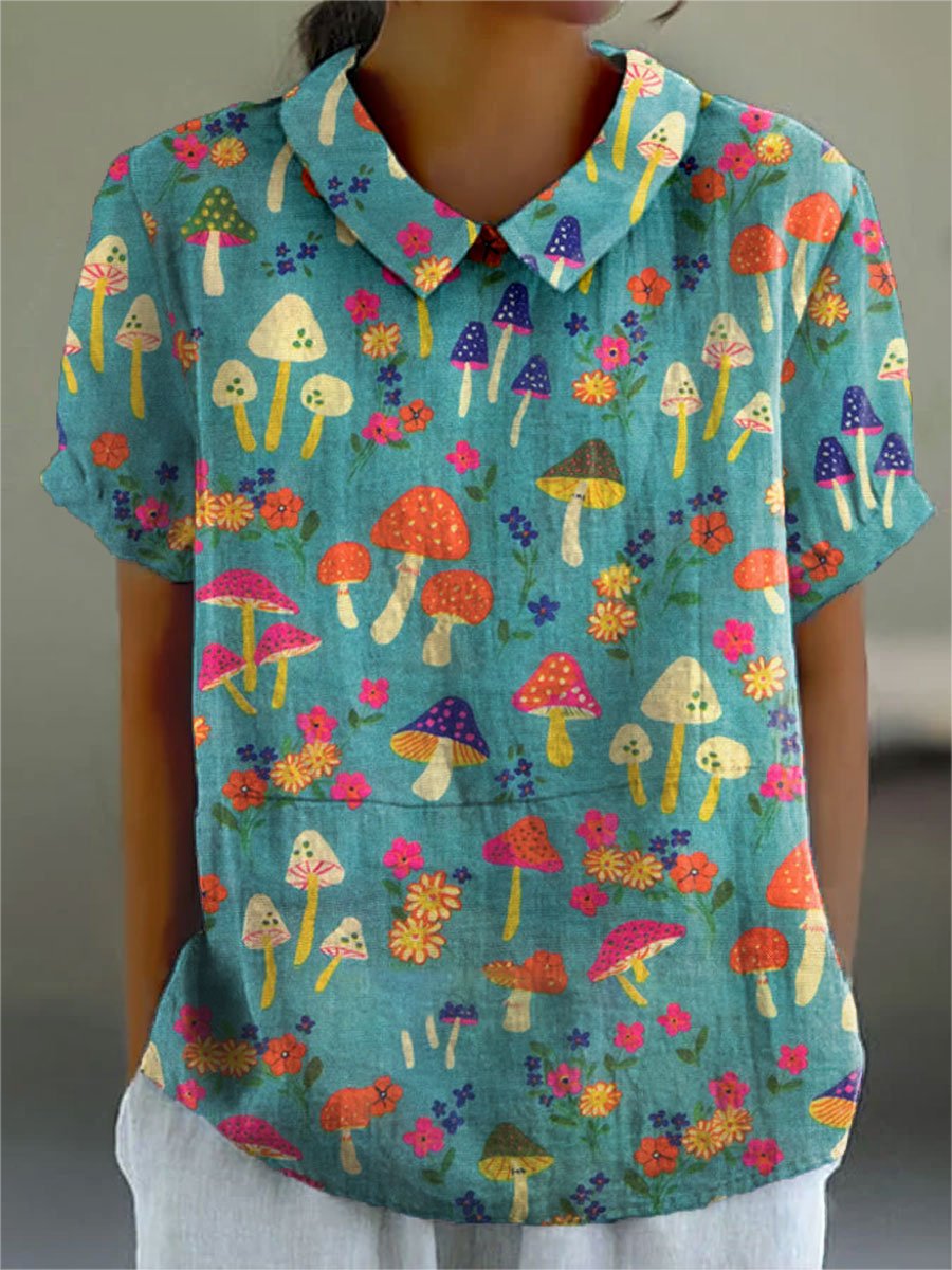 Women's Mushroom Art Print Casual Cotton And Linen Shirt