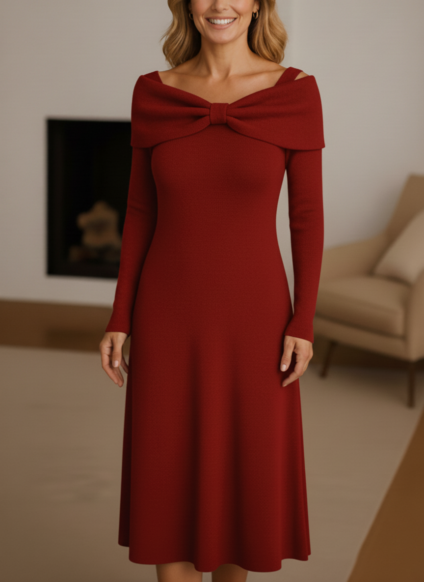 Women's Elegant Bow Collar Solid Color Knitted Dress