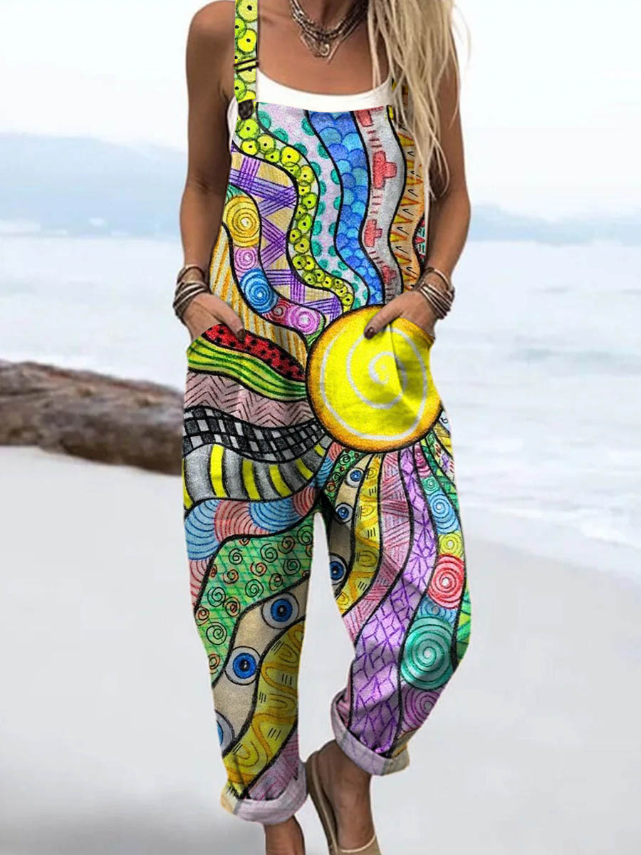 Women's Abstract Sun Pattern Art Print Casual 100% Cotton Wide Leg Jumpsuit