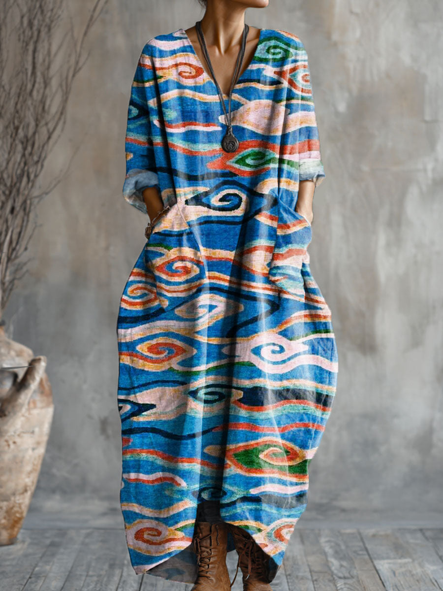 Women's Vintage Art Pattern Print Pocket V-neck Cotton Dress