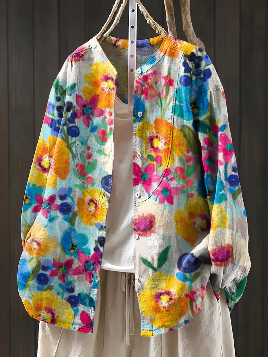 Women's Abstract Beautiful Flower Painting Art Print Casual Cotton And Linen Ruffle Shirt