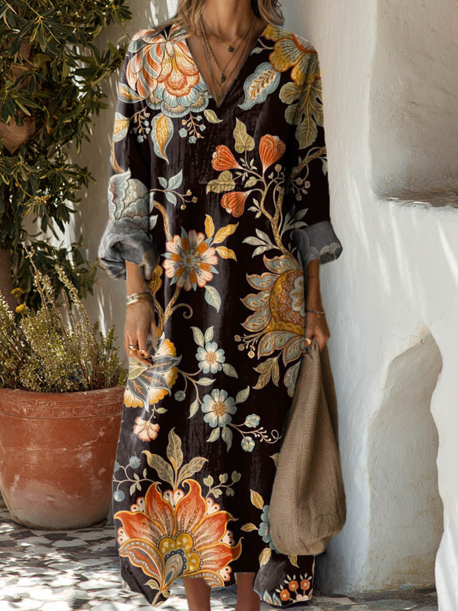 Women's Vintage Floral Pattern Art Print Cotton Dress