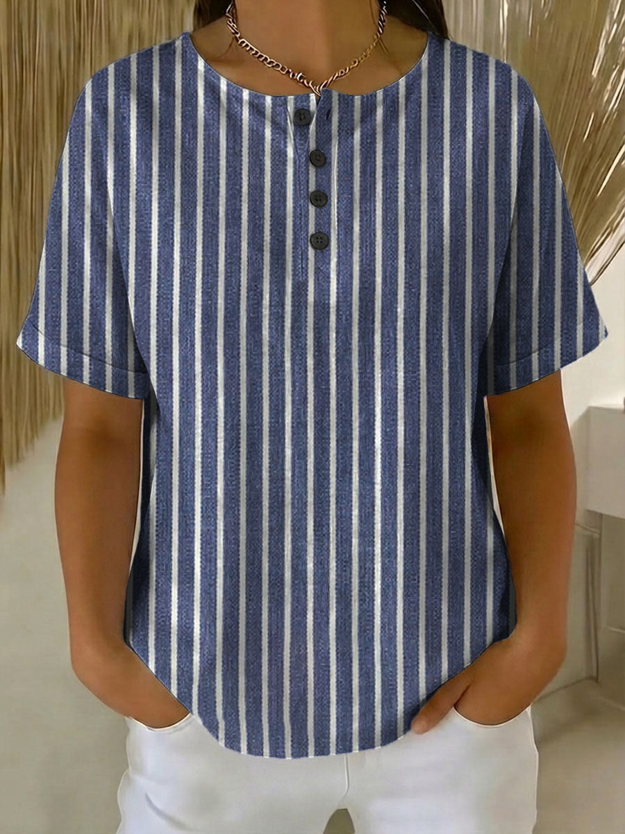 Women's Vintage Stripe Pattern Printed Cotton Linen Top