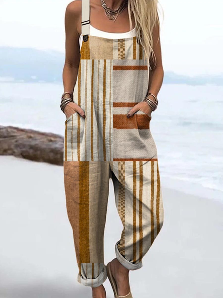 Women's Abstract Geometric Pattern Art Print Casual 100% Cotton Wide Leg Jumpsuit