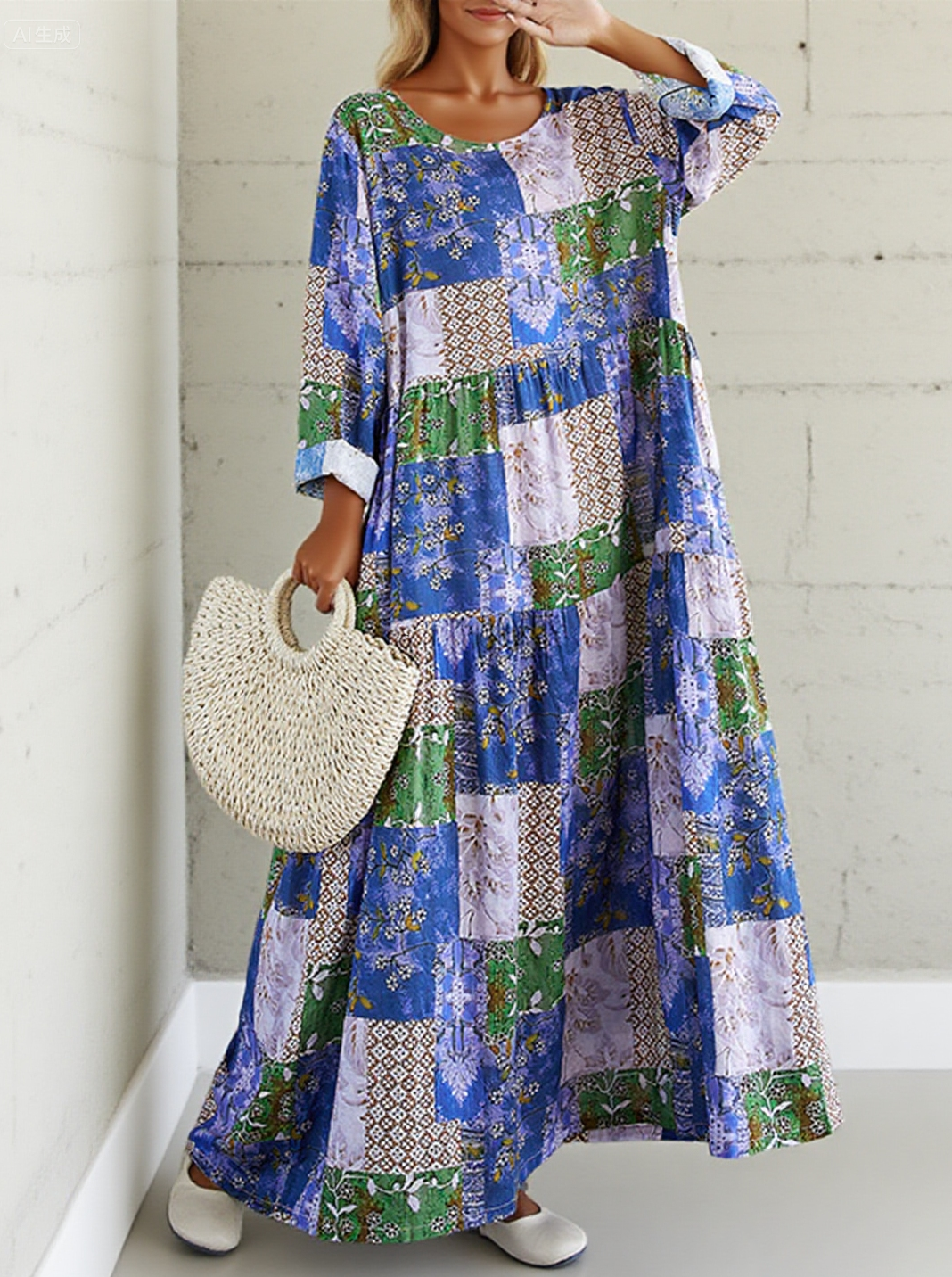 Women's Loose Floral Plaid Splicing Printed Cotton Dress