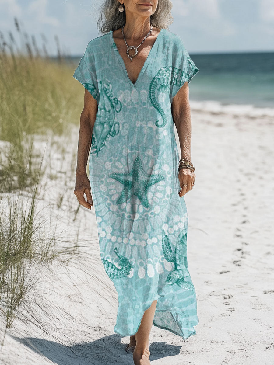 Women's Turtle Art Print Pocket Cotton Dress