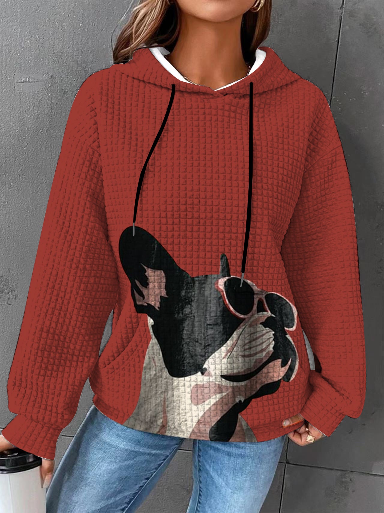 Plus size Autumn/Winter Women's Waffle Essential Creative Printed Long Sleeve Hooded Sweatshirt