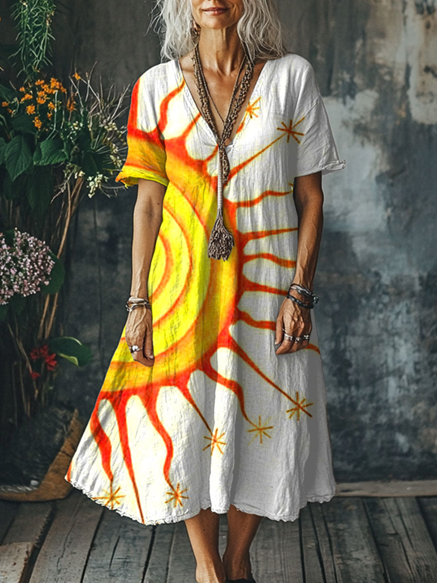 Women's Boho Vintage Art Print Pocket Cotton Dress