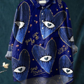 Women's Blue Heart Eyes Print Casual Cotton And Linen Shirt