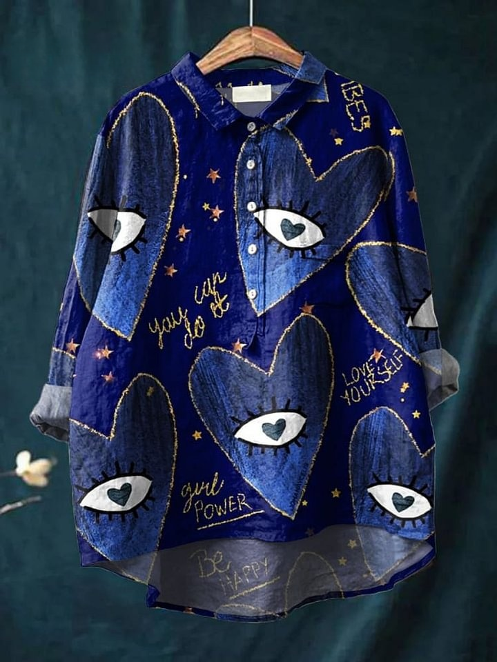 Women's Blue Heart Eyes Print Casual Cotton And Linen Shirt