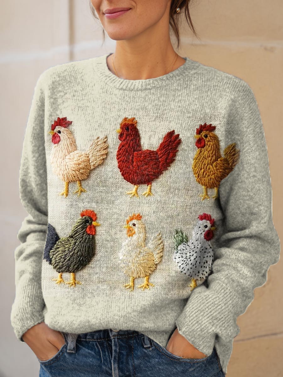 womens-lovely-chicken-art-print-knit-pullover-sweater-zr7b
