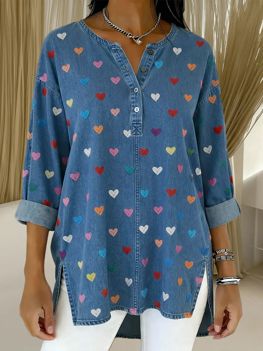 Women's Heart Casual Washed Denim Cotton Top