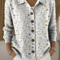 Women's Blue Small Floral Pattern Print Printed Collared Sweater