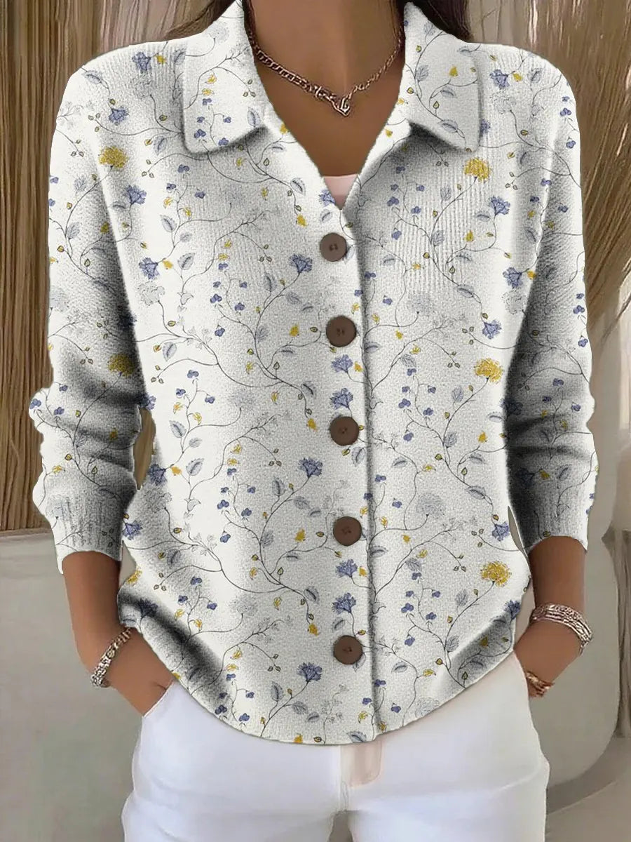 Women's Blue Small Floral Pattern Print Printed Collared Sweater