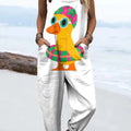 Women's Funny Duck Art Print Casual 100% Cotton Wide Leg Jumpsuit