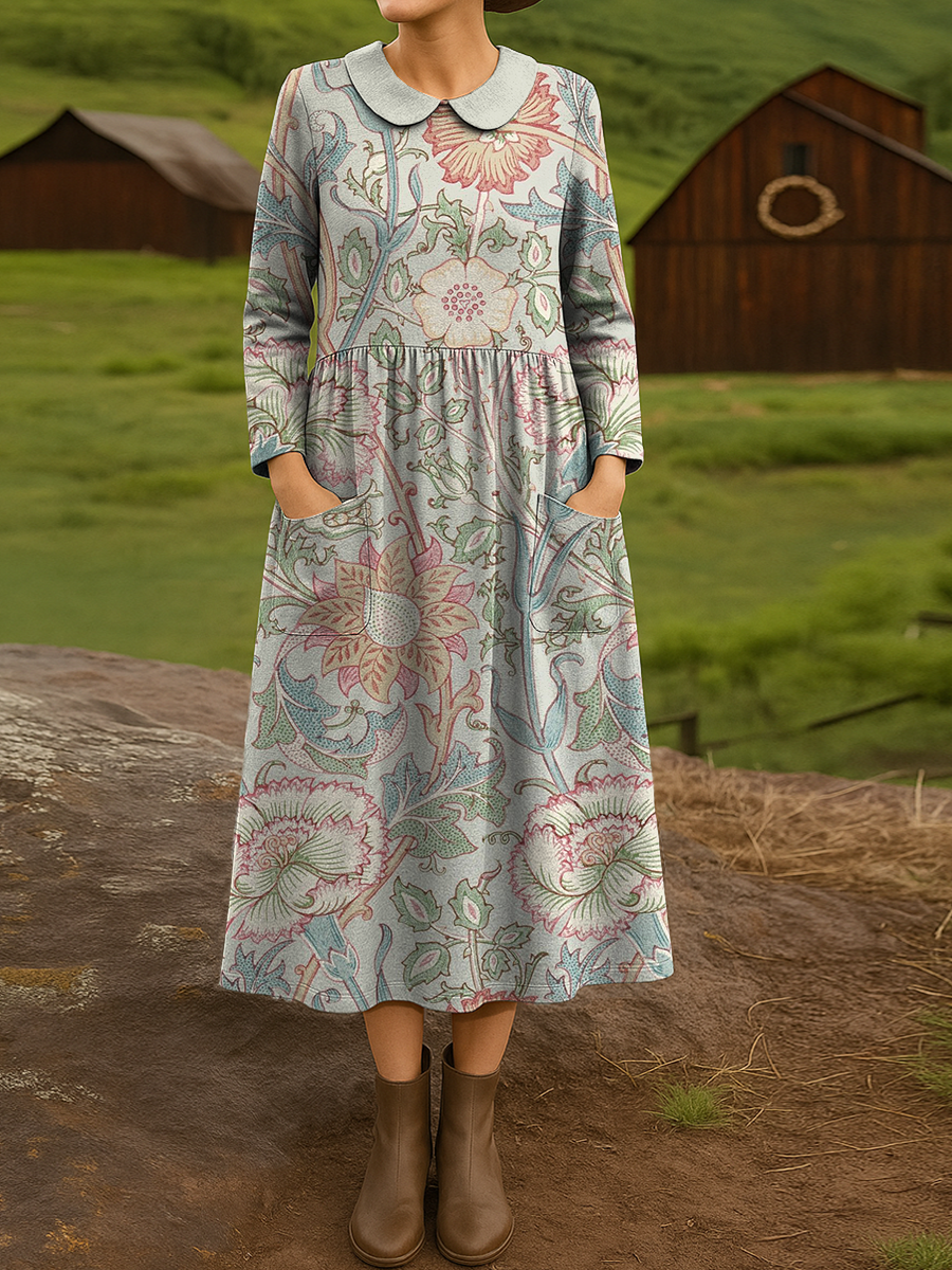 Women's Retro Geometry Flowers Pattern Art Print Cotton Lapel Button-Down Shirt Dress