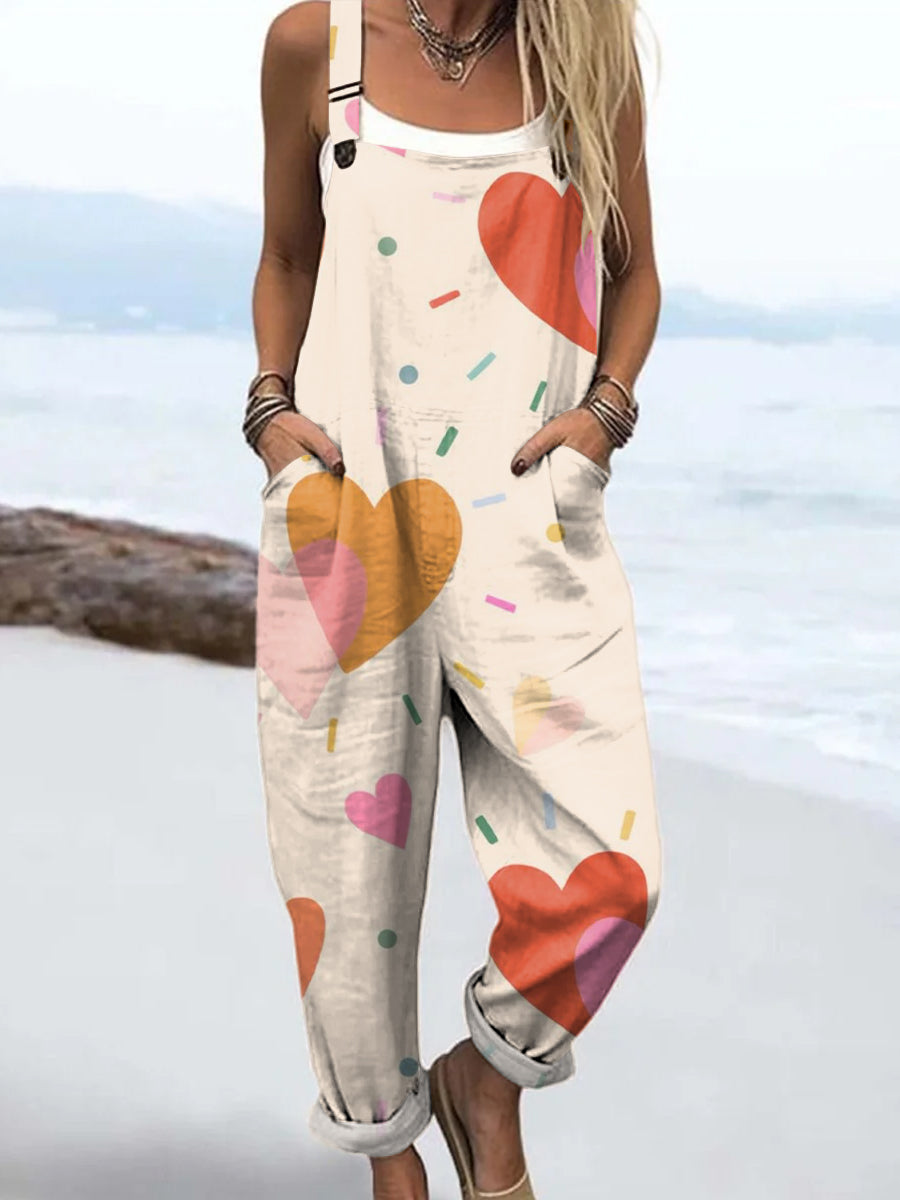 Women's Colourful Art Heart Pattern Print Casual 100% Cotton Wide Leg Jumpsuit
