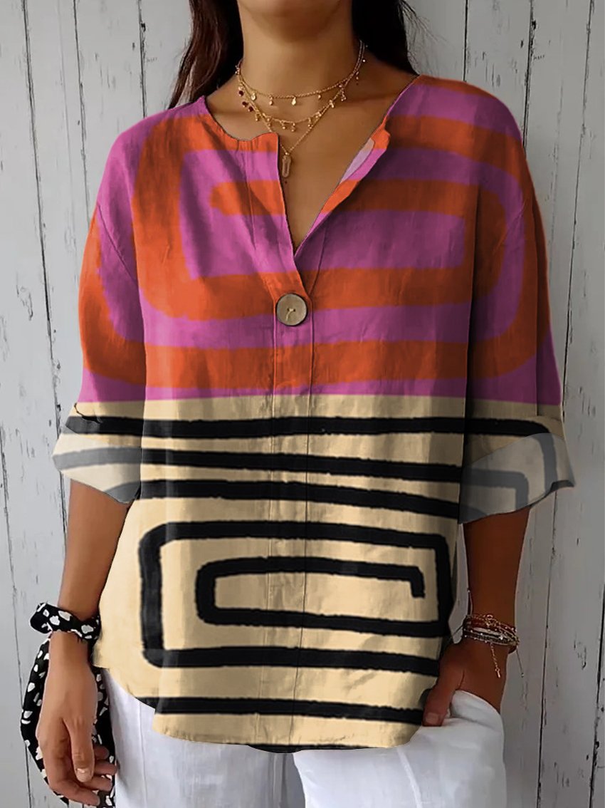 Women's Color-blocked Abstract Graphics Casual Cotton Linen Shirt
