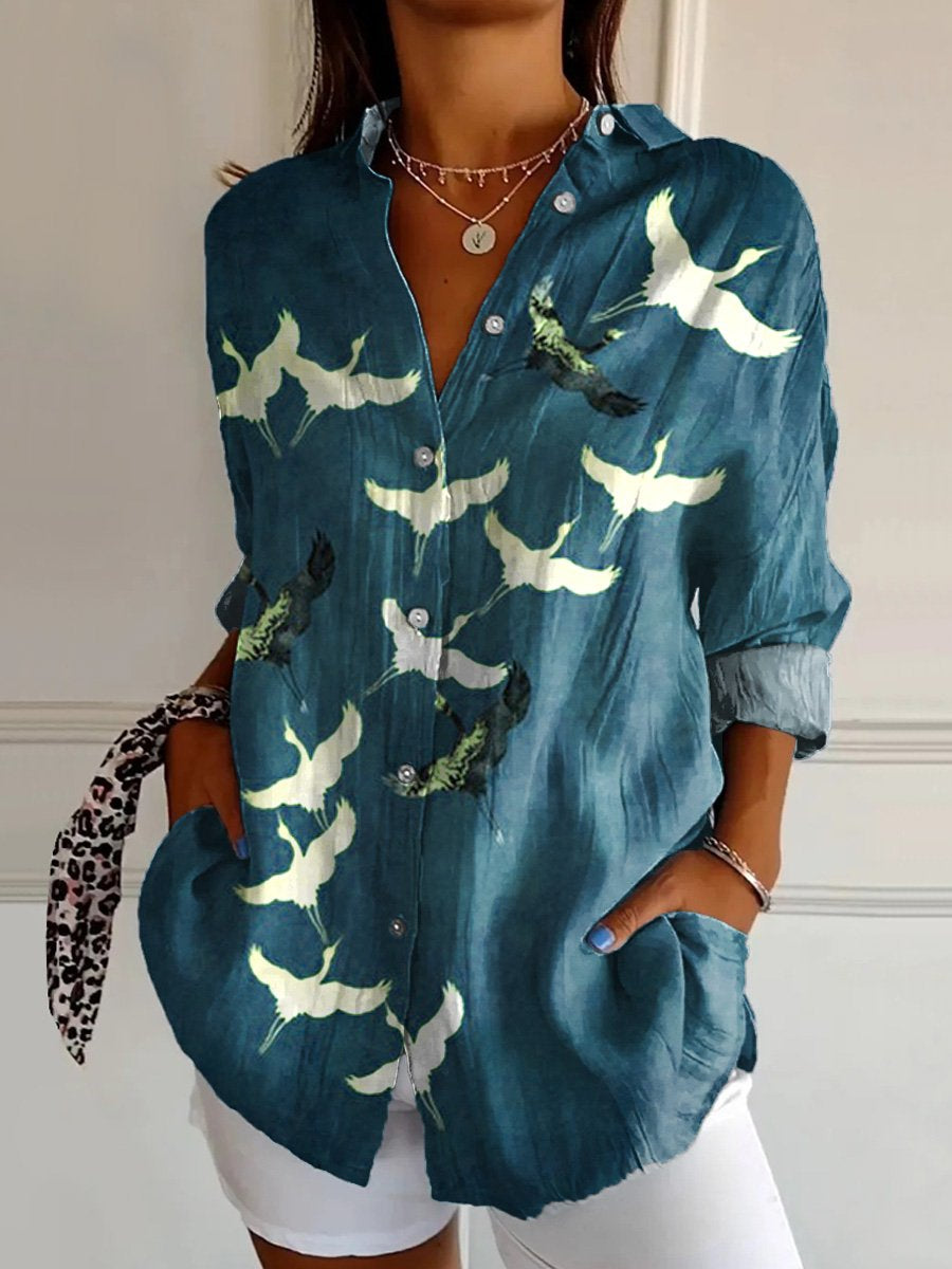 Women's  Japanese Art Print  Casual Cotton Shirt