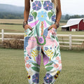 Women's Colorful Cute Floral Carousel Painting Art Print Casual 100% Cotton Wide Leg Jumpsuit