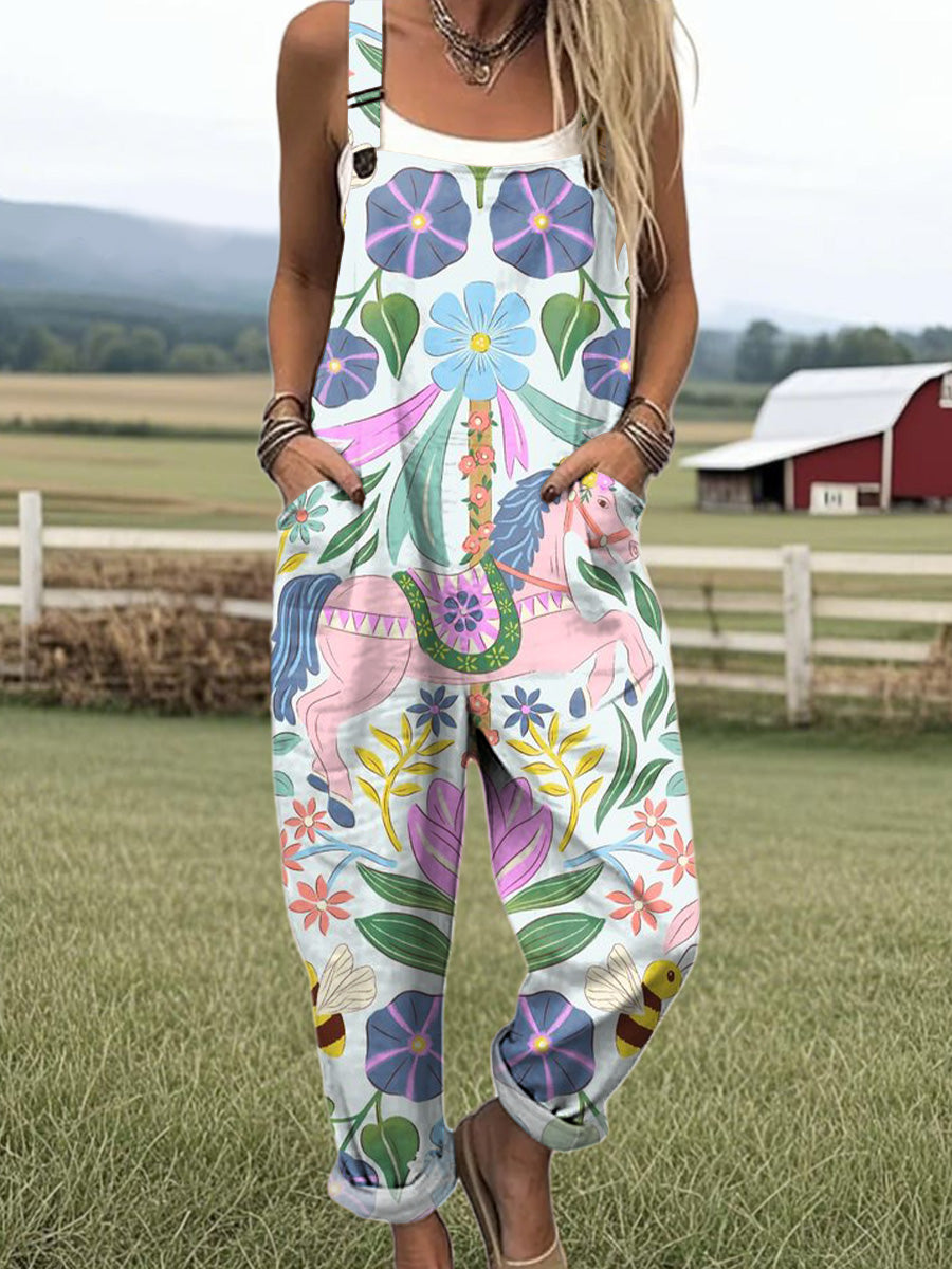 Women's Colorful Cute Floral Carousel Painting Art Print Casual 100% Cotton Wide Leg Jumpsuit