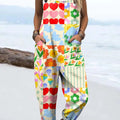 Women's Artistic Creative Flowers Print Casual 100% Cotton Wide Leg Jumpsuit