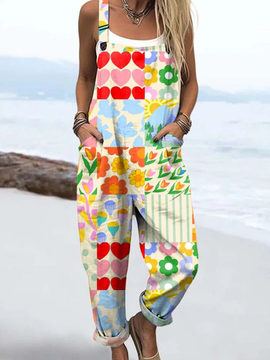 Women's Artistic Creative Flowers Print Casual 100% Cotton Wide Leg Jumpsuit