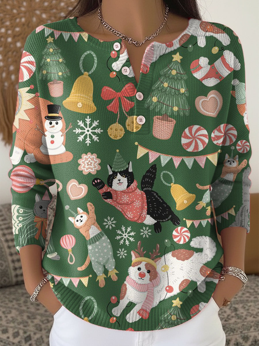 Beautiful Cute Winter Christmas Gift Cat Painting Art Print Buttoned Cardigan Sweater