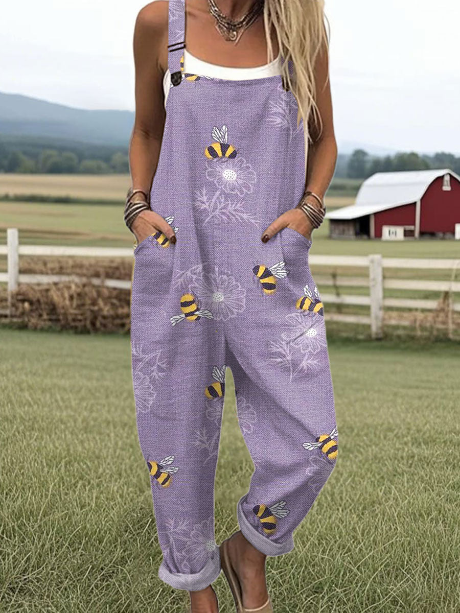 Women's Bee Art Print Casual 100% Cotton Wide Leg Jumpsuit