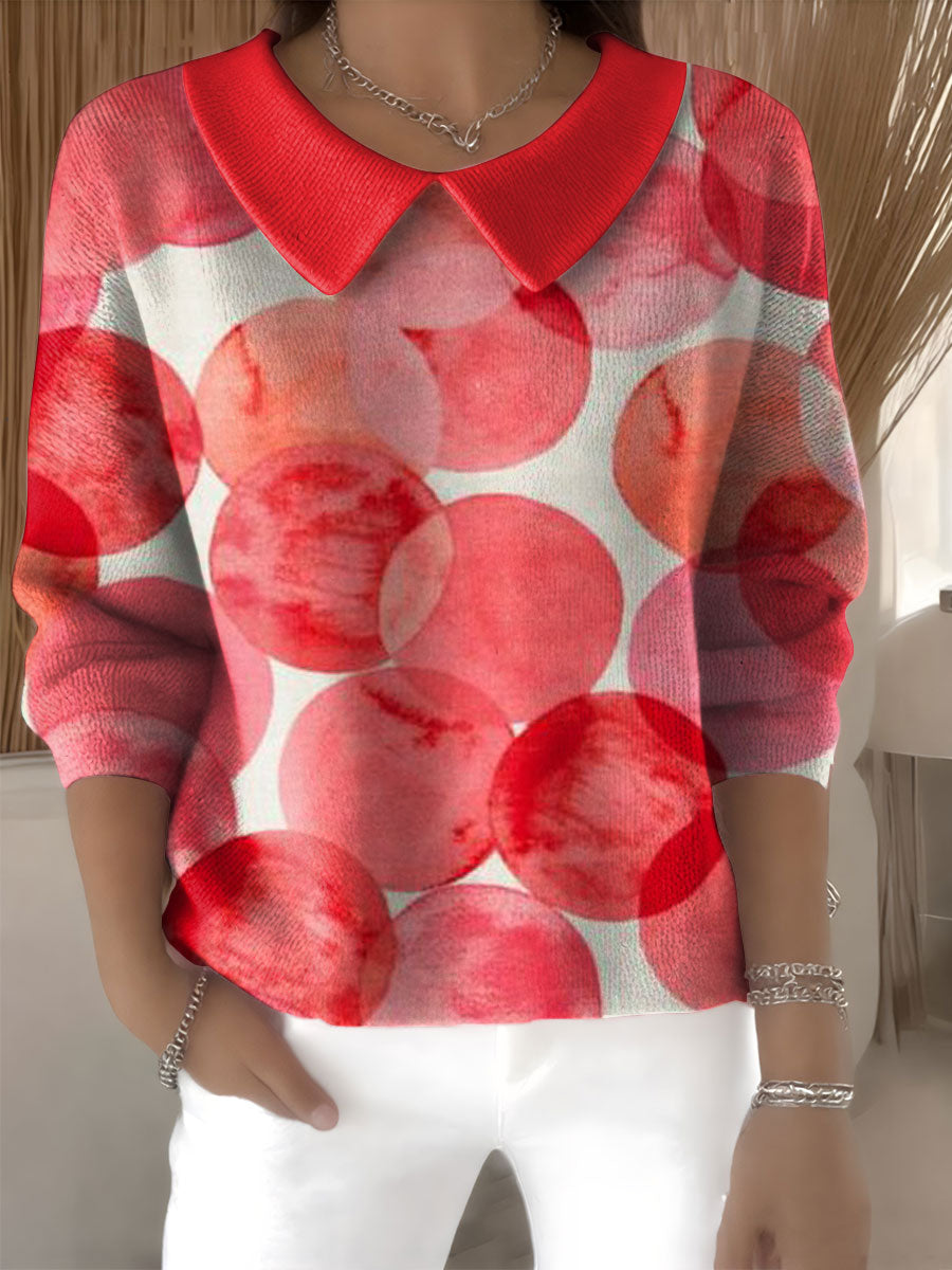 Women's Red Circle Pattern Print Casual Print Peter Pan Collar 3/4 Sleeve Sweater