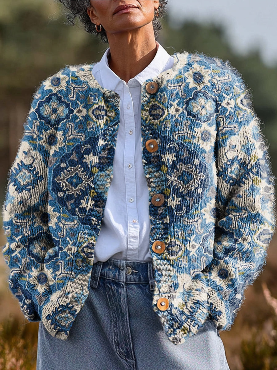 Vintage Geometric Floral Art Print Buttoned Cardigan Sweater