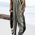 Women's Vintage Abstract Geometric Lines Art Print Casual 100% Cotton Wide Leg Jumpsuit