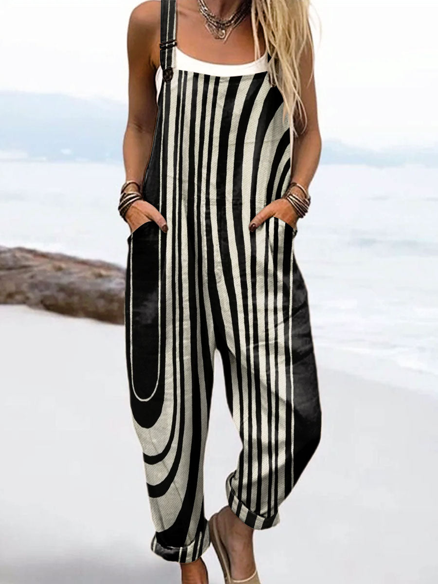 Women's Vintage Abstract Geometric Lines Art Print Casual 100% Cotton Wide Leg Jumpsuit