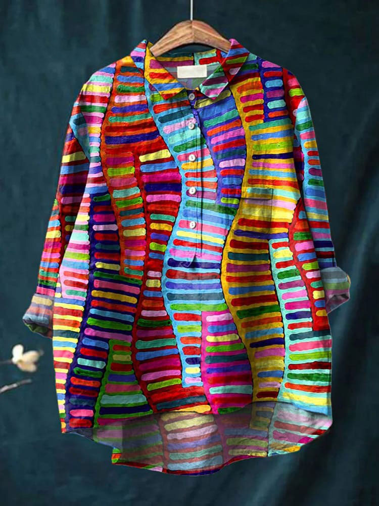 Colorful Tribe Style Pattern Printed Women's Casual Cotton And Linen Shirt