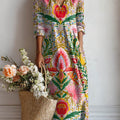Women's Vintage Floral Art Print Causal Cotton Linen Pocket Dress