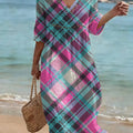 Bohemian-style Color-block Plaid Art Print Cotton-linen Dress