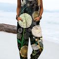 Women's Vintage Dandelion Flower Art Print Casual 100% Cotton Wide Leg Jumpsuit