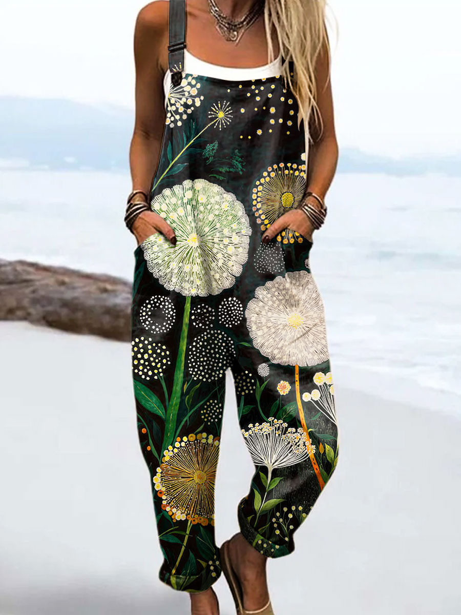 Women's Vintage Dandelion Flower Art Print Casual 100% Cotton Wide Leg Jumpsuit