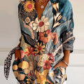 Women's Vintage Flower Art Print Casual Cotton Shirt