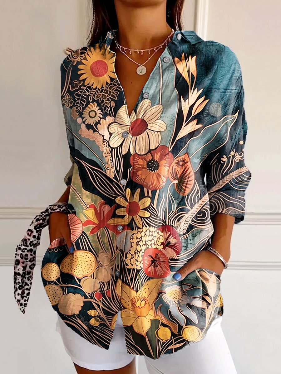 Women's Vintage Flower Art Print Casual Cotton Shirt