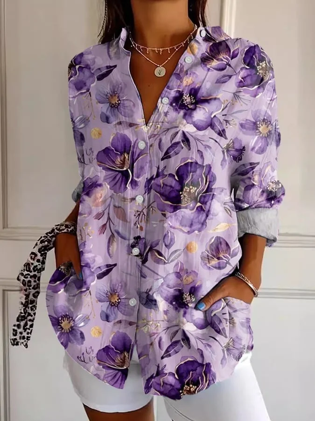 Shirt Collar Regular Sleeve Long Sleeve Floral Buckle Regular Loose Button Up Shirt Shirt For Women