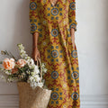 Women's Vintage Flower Art Print Linen Pocket Dress