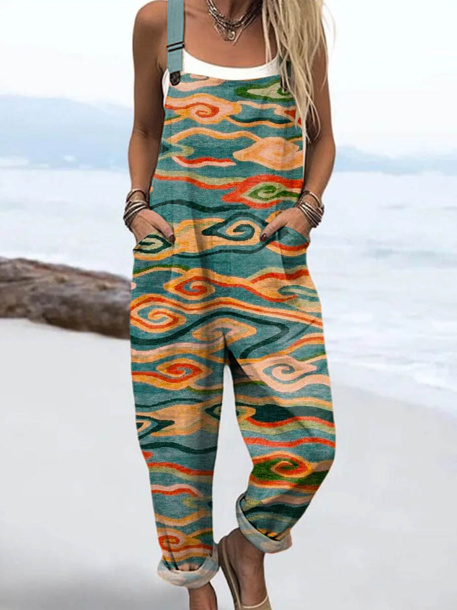 Women's Vintage Ethnic Pattern Art Print Casual 100% Cotton Wide Leg Jumpsuit