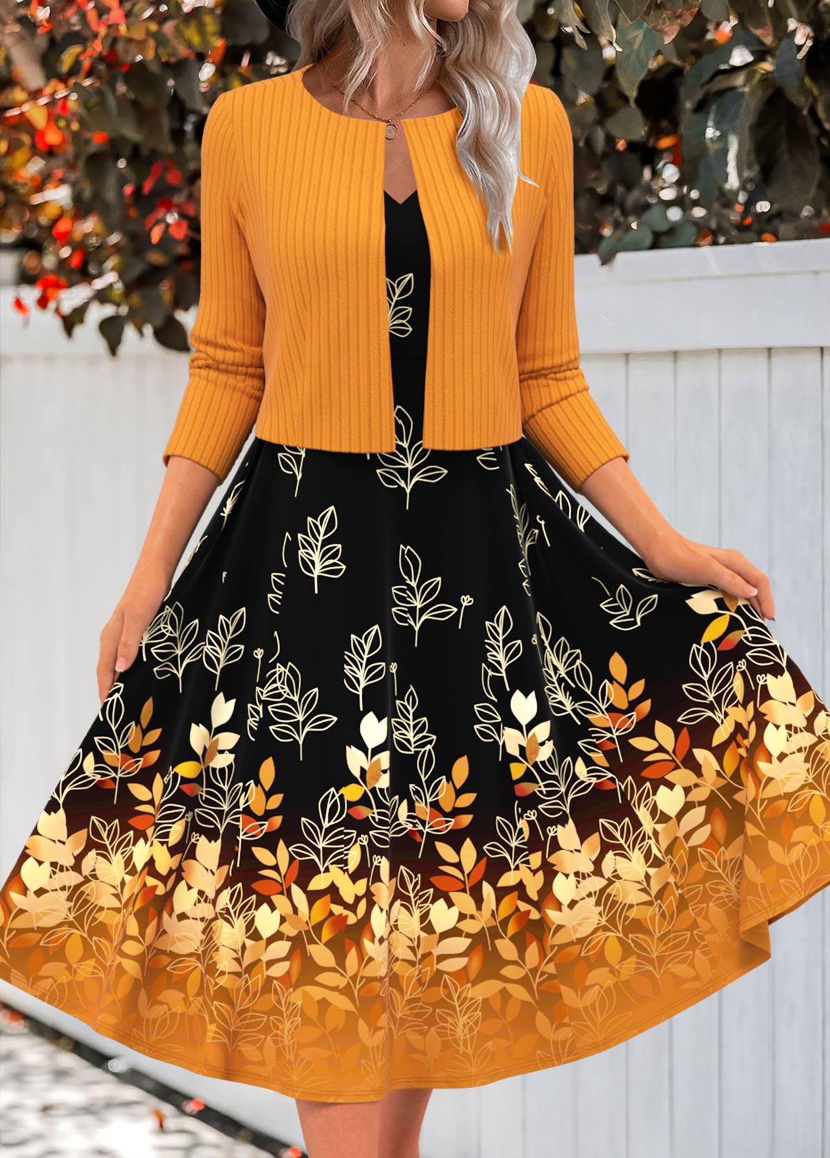 Terracotta Zipper Floral Print Long Sleeve Dress and Cardigan